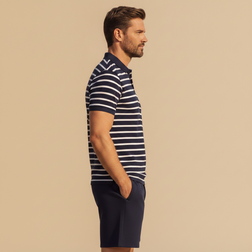 Completo Coordinato Uomo Polo a Righe e Bermuda - vista laterale
