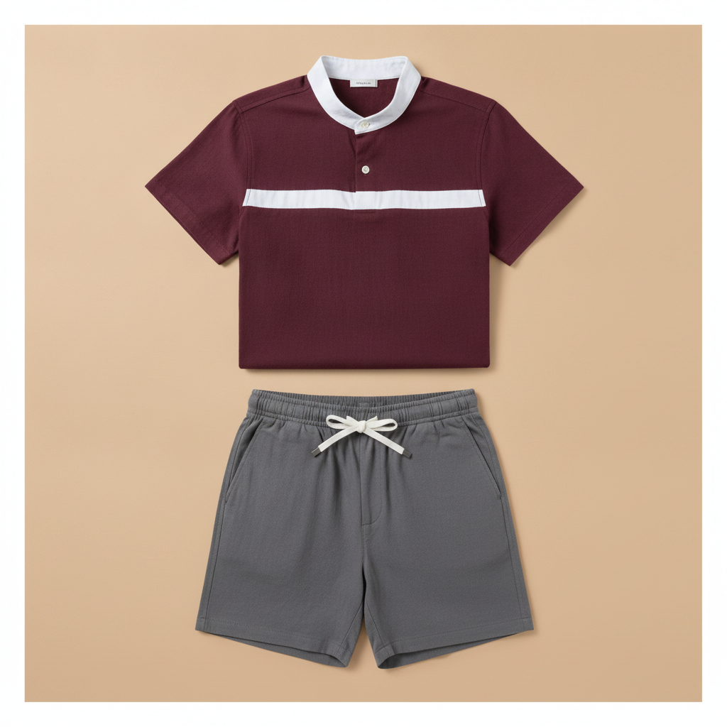 Completo Coordinato Uomo Camicia Colletto a Contrasto e Pantaloncini - Bordeaux con Grigio