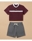 Completo Coordinato Uomo Camicia Colletto a Contrasto e Pantaloncini - Bordeaux con Grigio