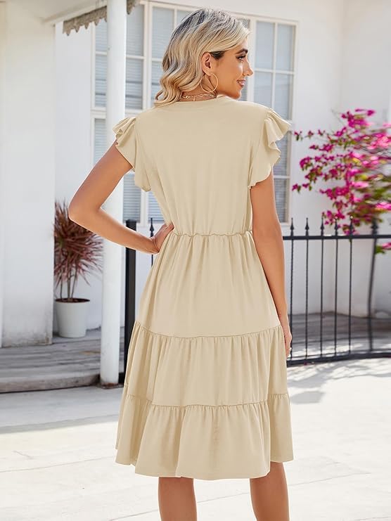 Mila Abito Midi Donna – Abito Scollo a V con Volant Senza Maniche con Tasche Estate