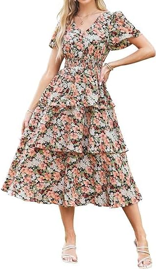 Vestito Emma a fiori a linea A – Vestito estivo con scollo a V e vita arricciata elegante da donna