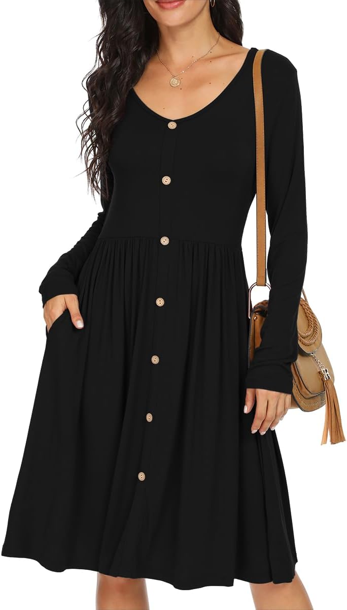 Julie Abito Midi A-Line – Abito Casual Maniche Lunghe con Tasche Donna