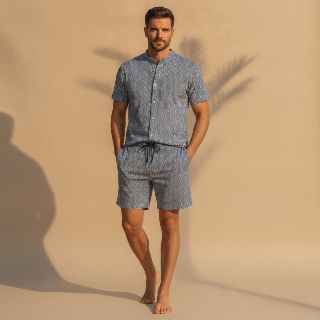 Completo Coordinato Uomo Camicia Micro-Fantasia e Pantaloncini - Navy Micro - indossato