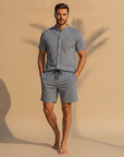 Completo Coordinato Uomo Camicia Micro-Fantasia e Pantaloncini - Navy Micro - indossato