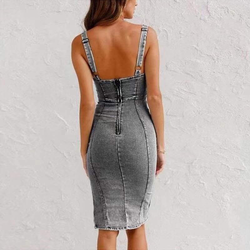 Vestito Sofia in Jeans Midi Donna – Vestito in Denim Attillato con Spacco e Spalline Regolabili