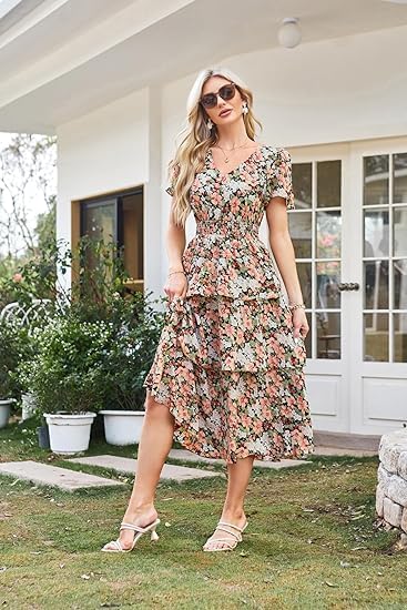 Vestito Emma a fiori a linea A – Vestito estivo con scollo a V e vita arricciata elegante da donna