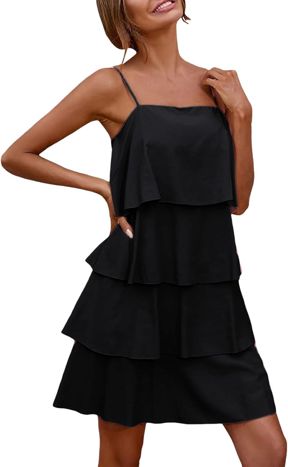 Camille Abito Donna – Abito Maxi Volant Scollo a V Senza Maniche Chiffon Plissé Estate