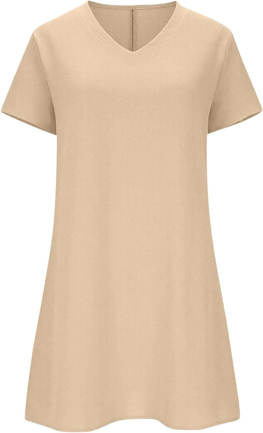 Clara Abito Donna – Abito T-Shirt Lino Mini Collo Tondo Maniche Corte Taglio Fluido Estate