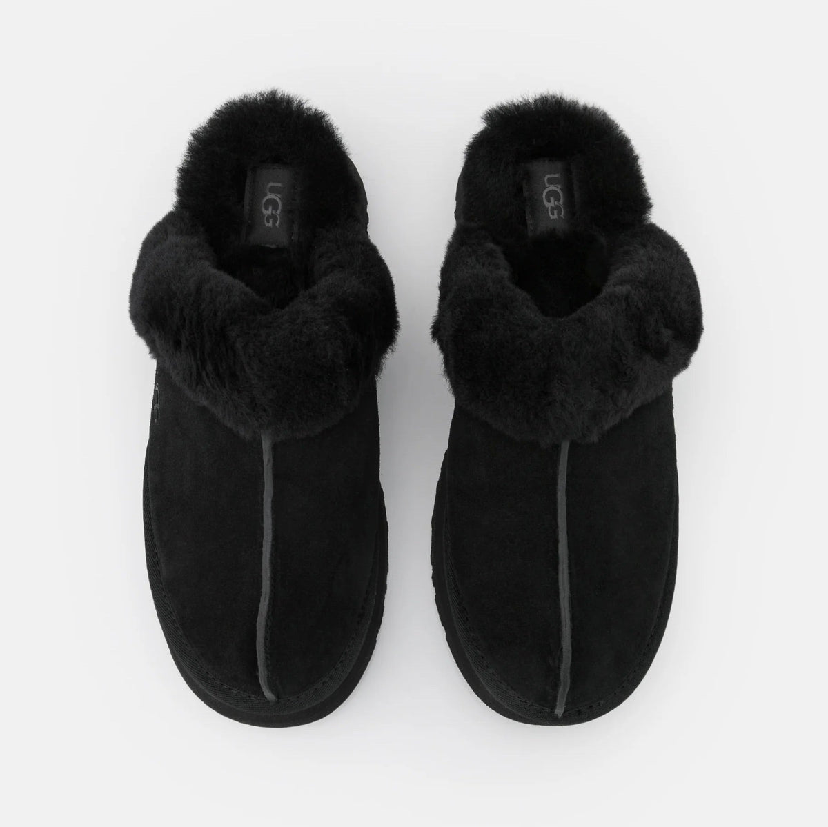 UGG Disquette Black sabot donna in pelle scamosciata e montone nero, vista frontale
