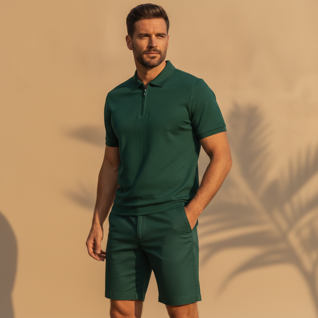 Completo Coordinato Uomo Polo Zip e Bermuda - Verde Scuro - indossato