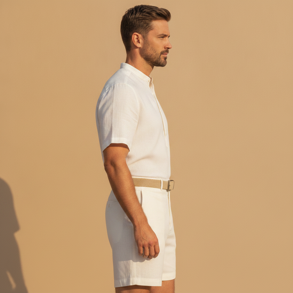 Completo Coordinato Uomo Camicia Lino Premium e Pantaloncini con Cintura - vista laterale