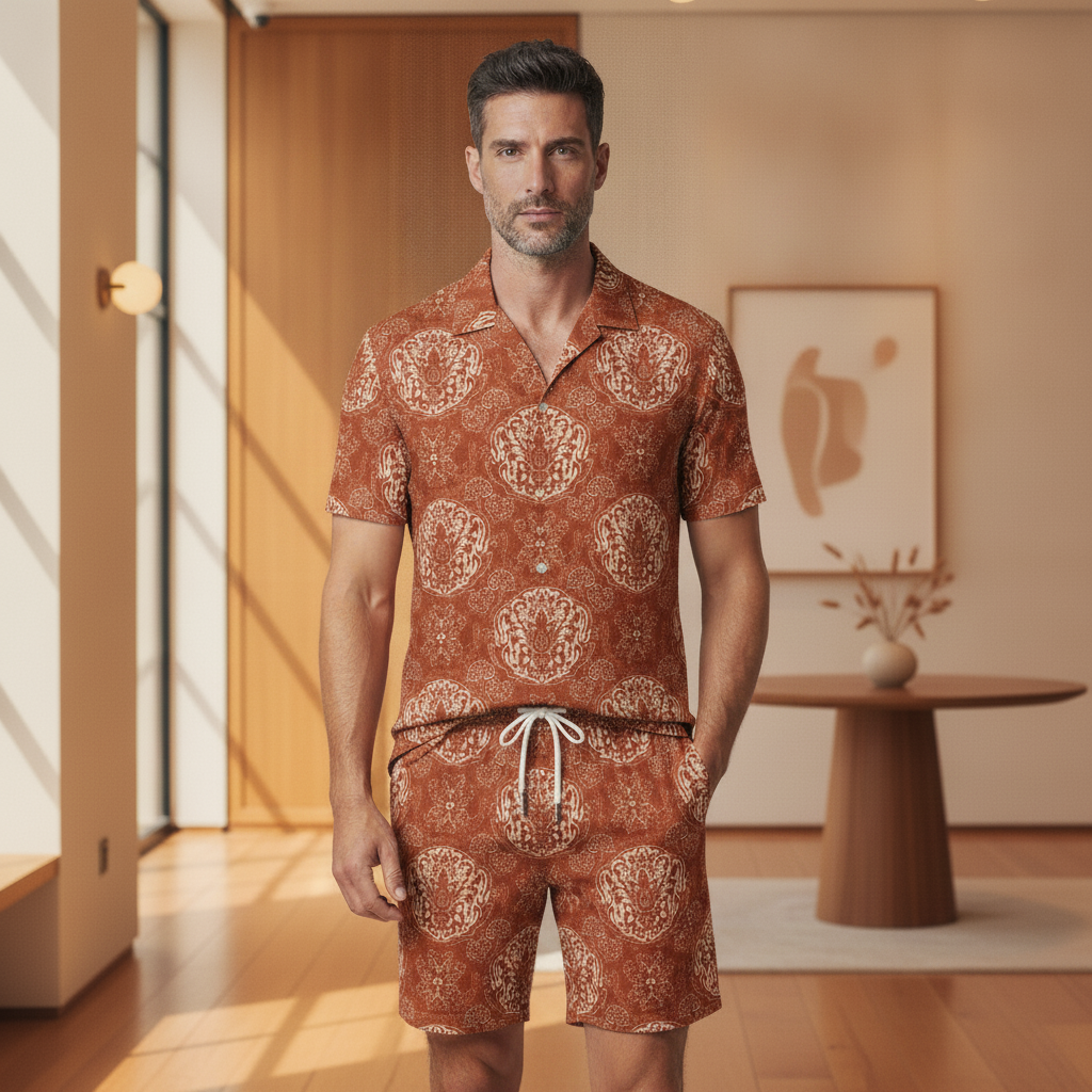 Completo Coordinato Uomo Camicia Batik e Pantaloncini - Batik Terracotta - indossato