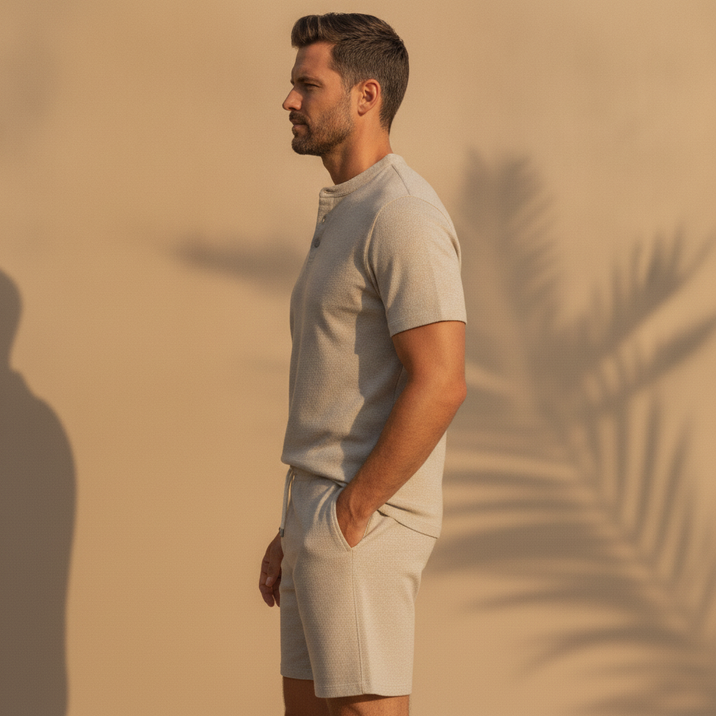 Completo Coordinato Uomo in Lino – Camicia e Pantaloncini Naturali - vista laterale