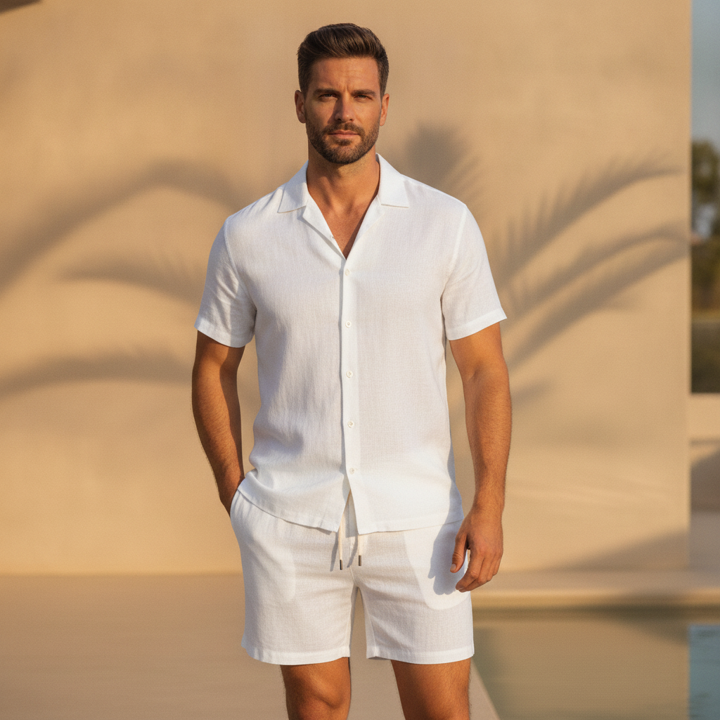 Camicia Uomo in Lino con Colletto Camp – Fresca ed Elegante Estiva - Bianco - indossato