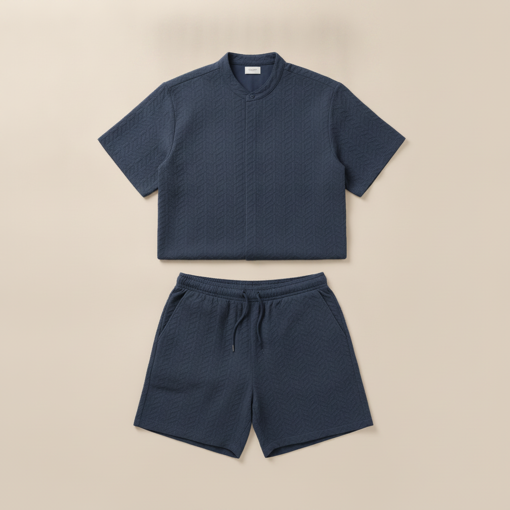 Completo Coordinato Uomo Camicia Jacquard Geometrico e Pantaloncini - Blu Navy