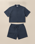 Completo Coordinato Uomo Camicia Jacquard Geometrico e Pantaloncini - Blu Navy