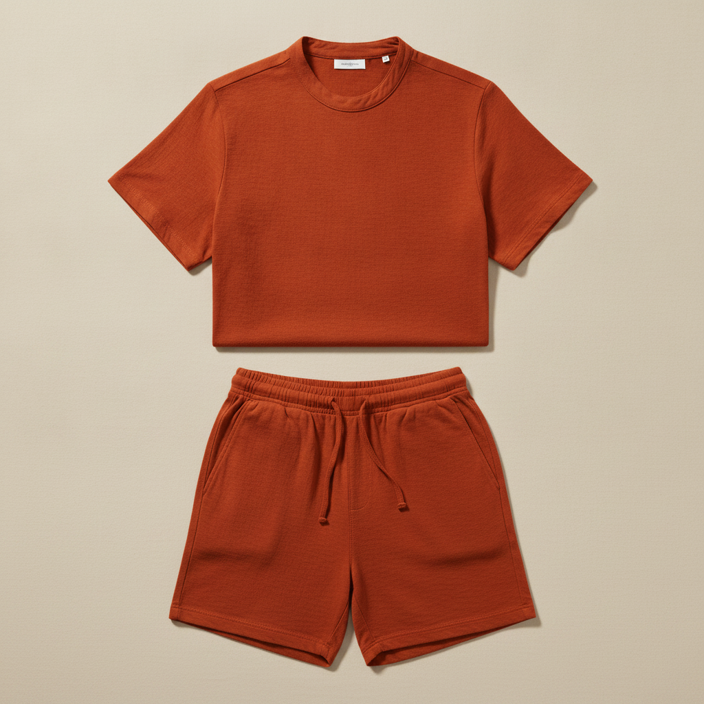 Completo Coordinato Uomo Camicia Slub e Pantaloncini - Ruggine