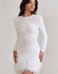 Abito corto donna con paillettes e orlo in piume – Taglio glamour scolpente