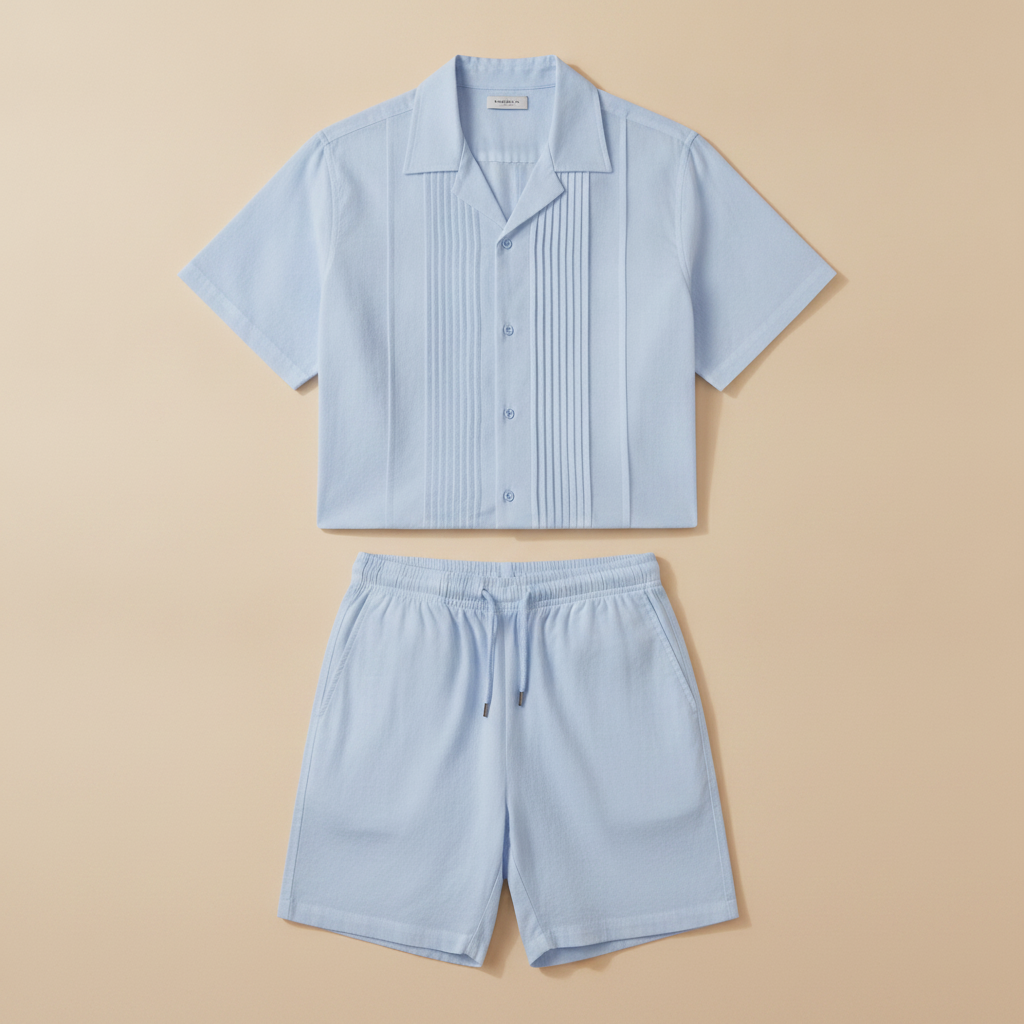 Completo Coordinato Uomo Camicia Guayabera e Pantaloncini - Azzurro