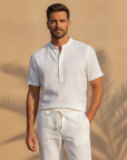 Completo Coordinato Uomo Camicia Lino e Pantaloni Lunghi - Bianco - indossato