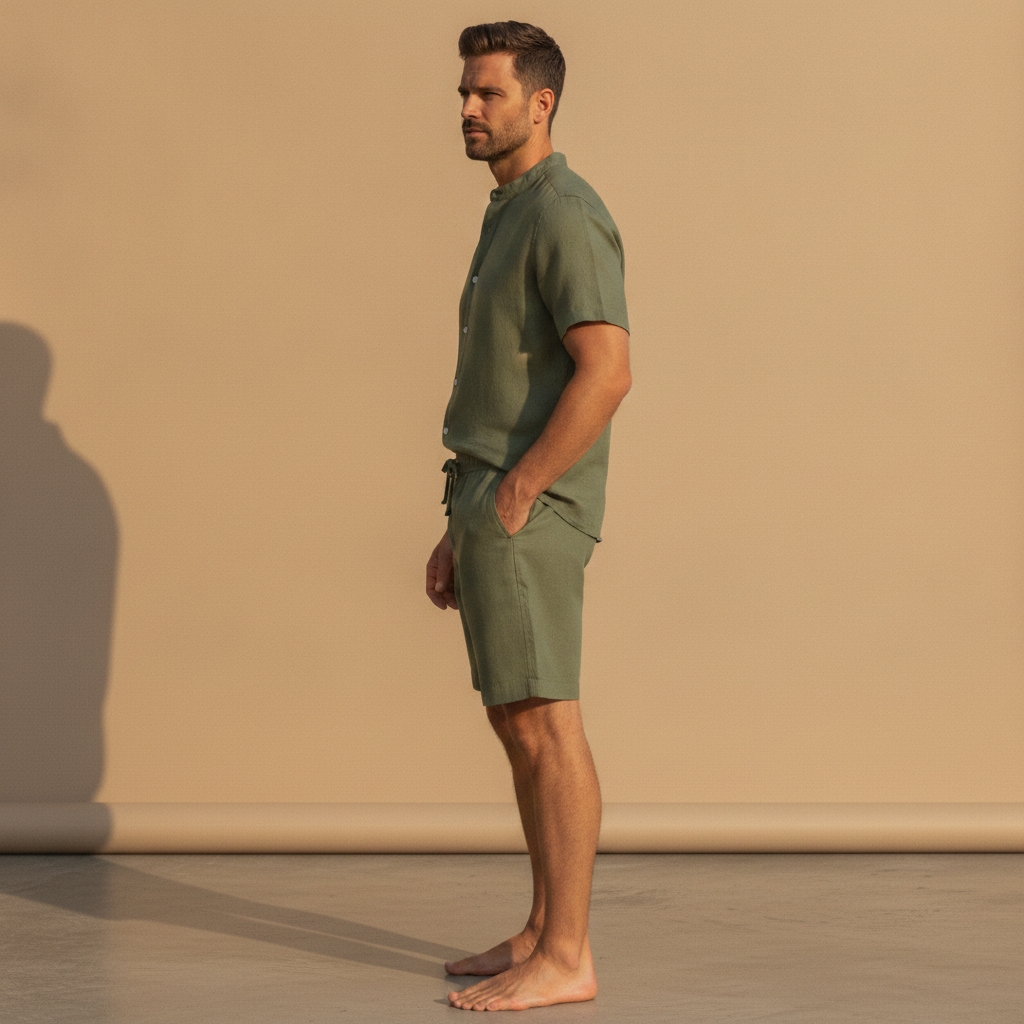 Completo Coordinato Uomo Camicia Lino Blend e Pantaloncini Comfort - vista laterale