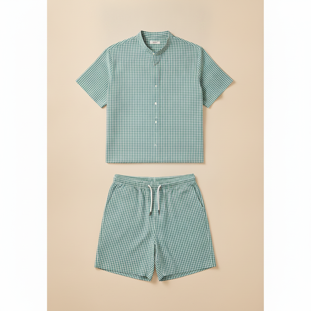 Completo Coordinato Uomo Camicia Gingham e Pantaloncini - Verde e Bianco