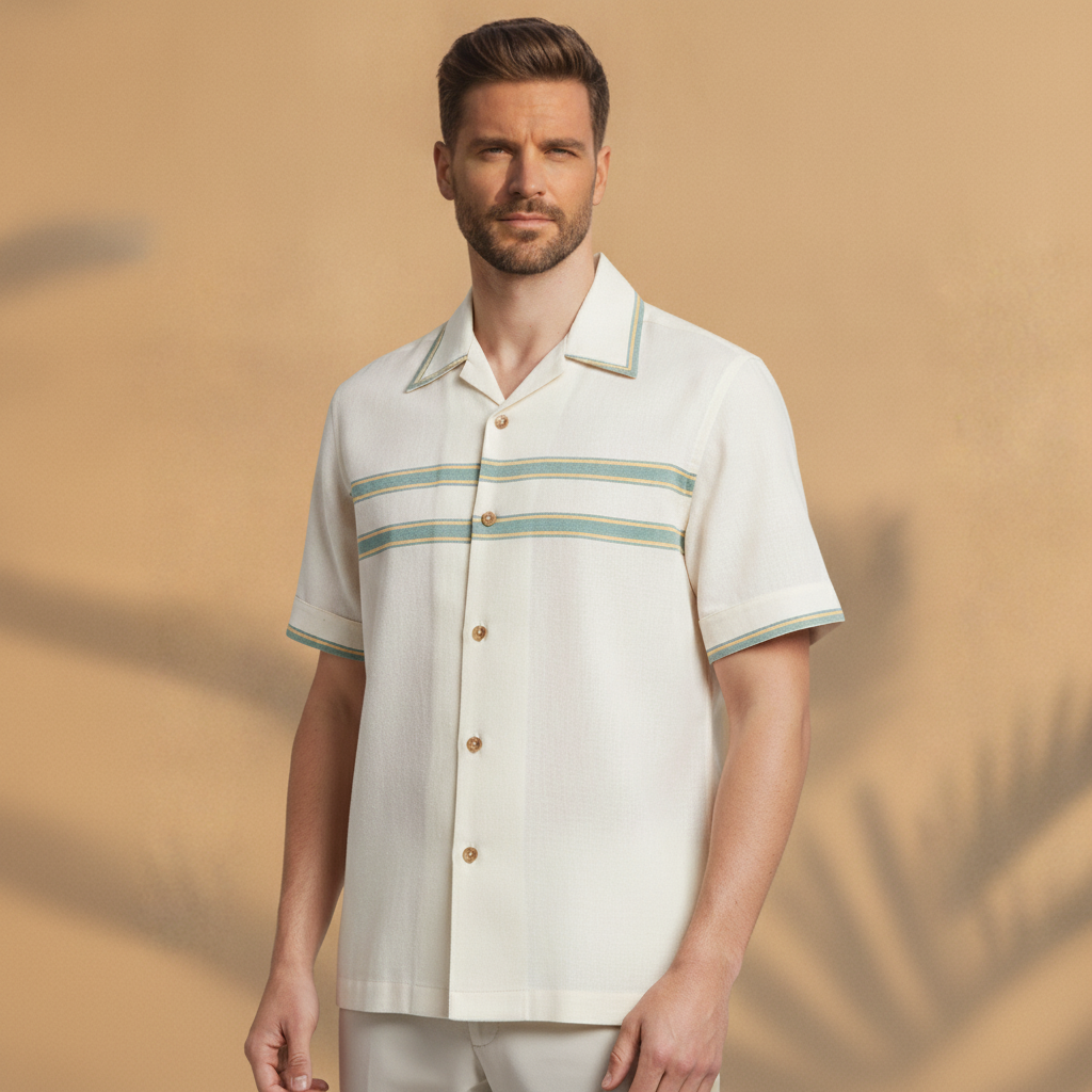 Camicia Bowling Uomo Manica Corta – Stile Rétro Anni '50 - Crema - indossato