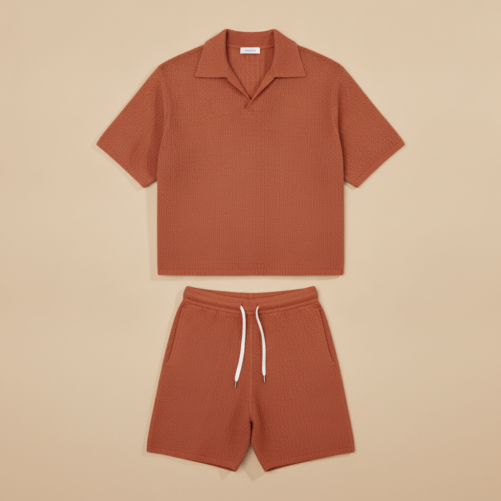Completo Coordinato Uomo in Maglia Crochet e Pantaloncini - Terracotta