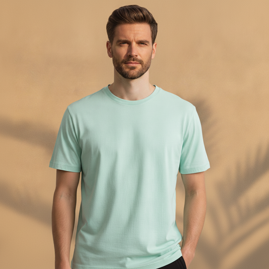 T-shirt Uomo Manica Corta Colori Pastello – Estate Fresca ed Elegante - Rosa Cipria - indossato
