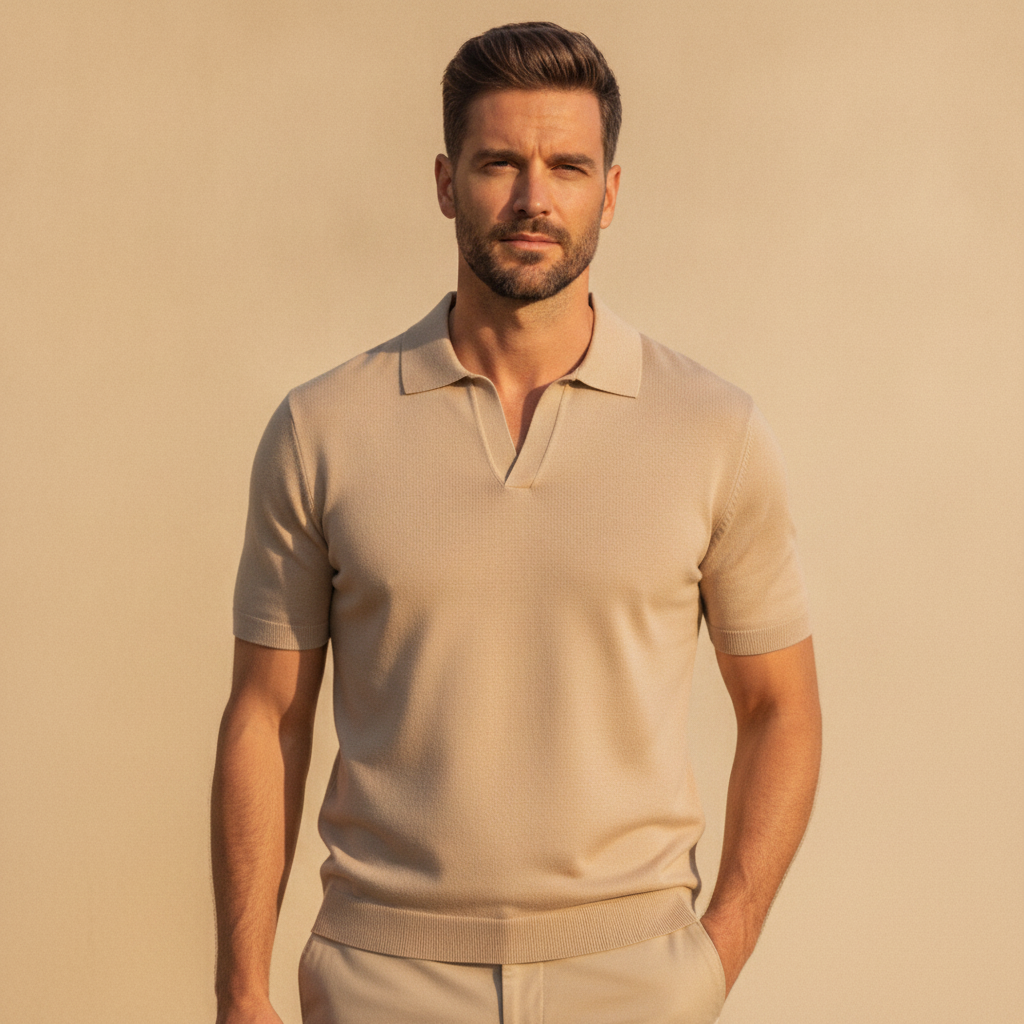Polo Uomo con Colletto Johnny – Chiusura Aperta Casual Chic - Beige Sabbia - indossato