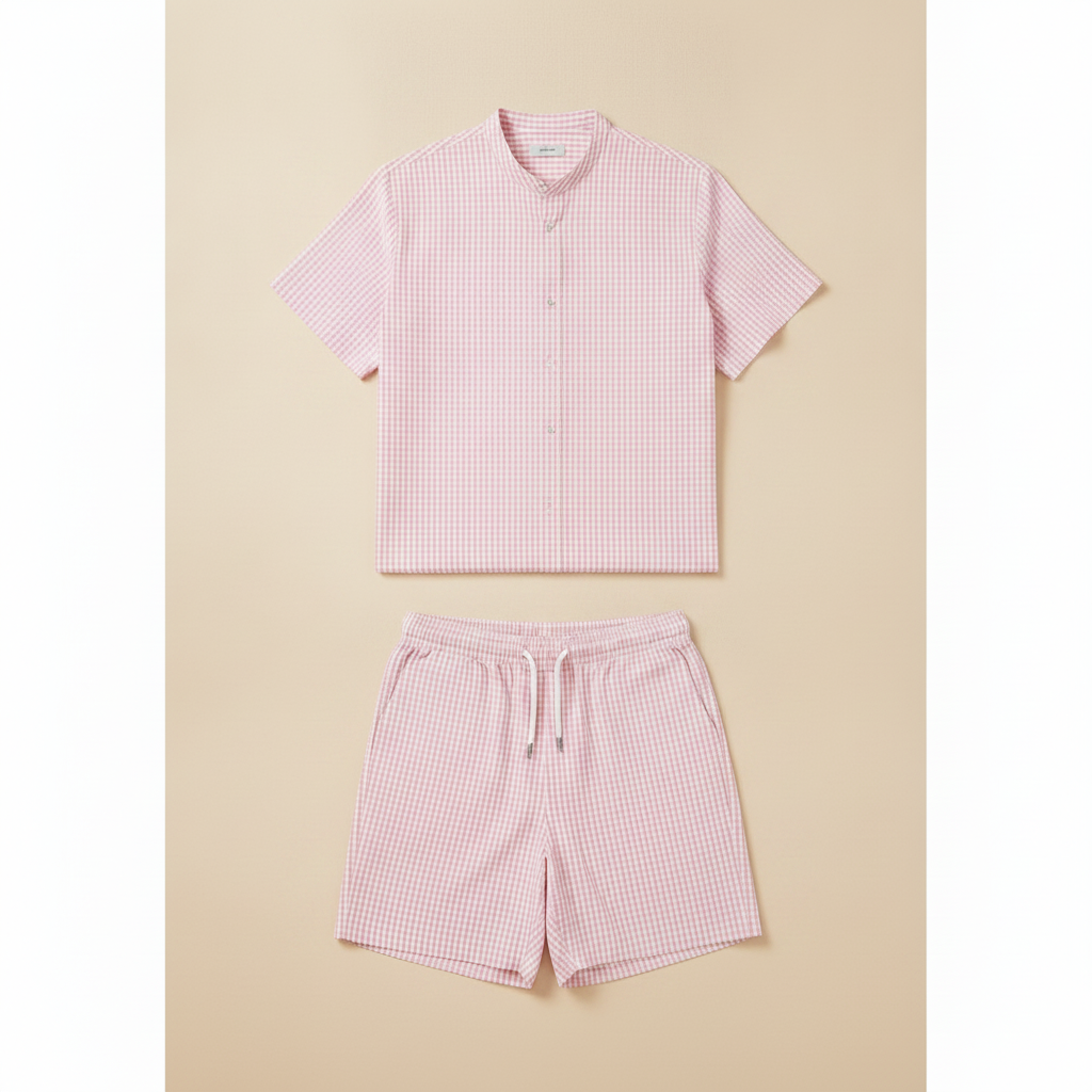 Completo Coordinato Uomo Camicia Gingham e Pantaloncini - Rosa e Bianco