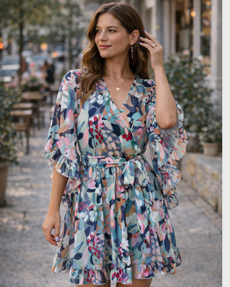 Vestaglia Odessa Donna – Incrocio a V Floreale, Maniche a Campana &amp; Mini in Mussola Elegante