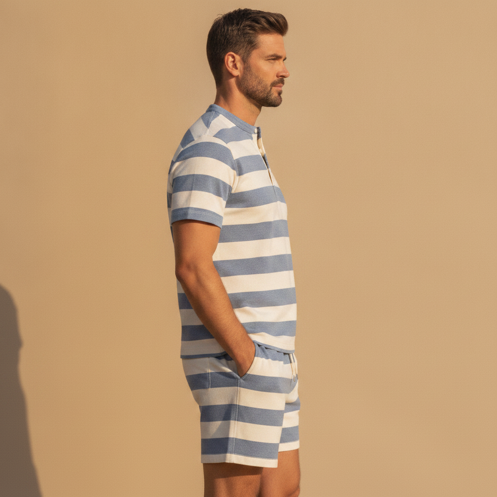 Completo Coordinato Uomo Camicia Righe Bayadère e Pantaloncini - vista laterale
