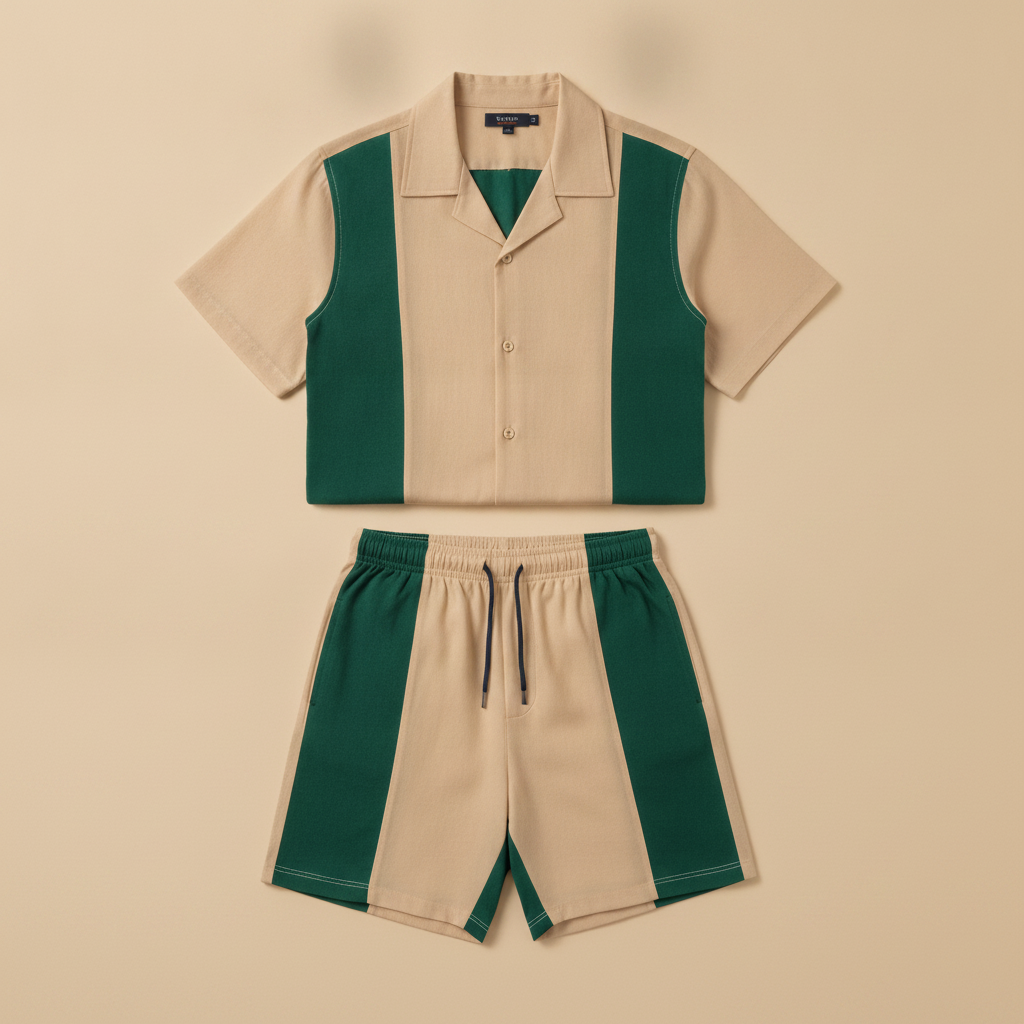 Completo Coordinato Uomo Camicia Color Block e Pantaloncini - Beige e Verde