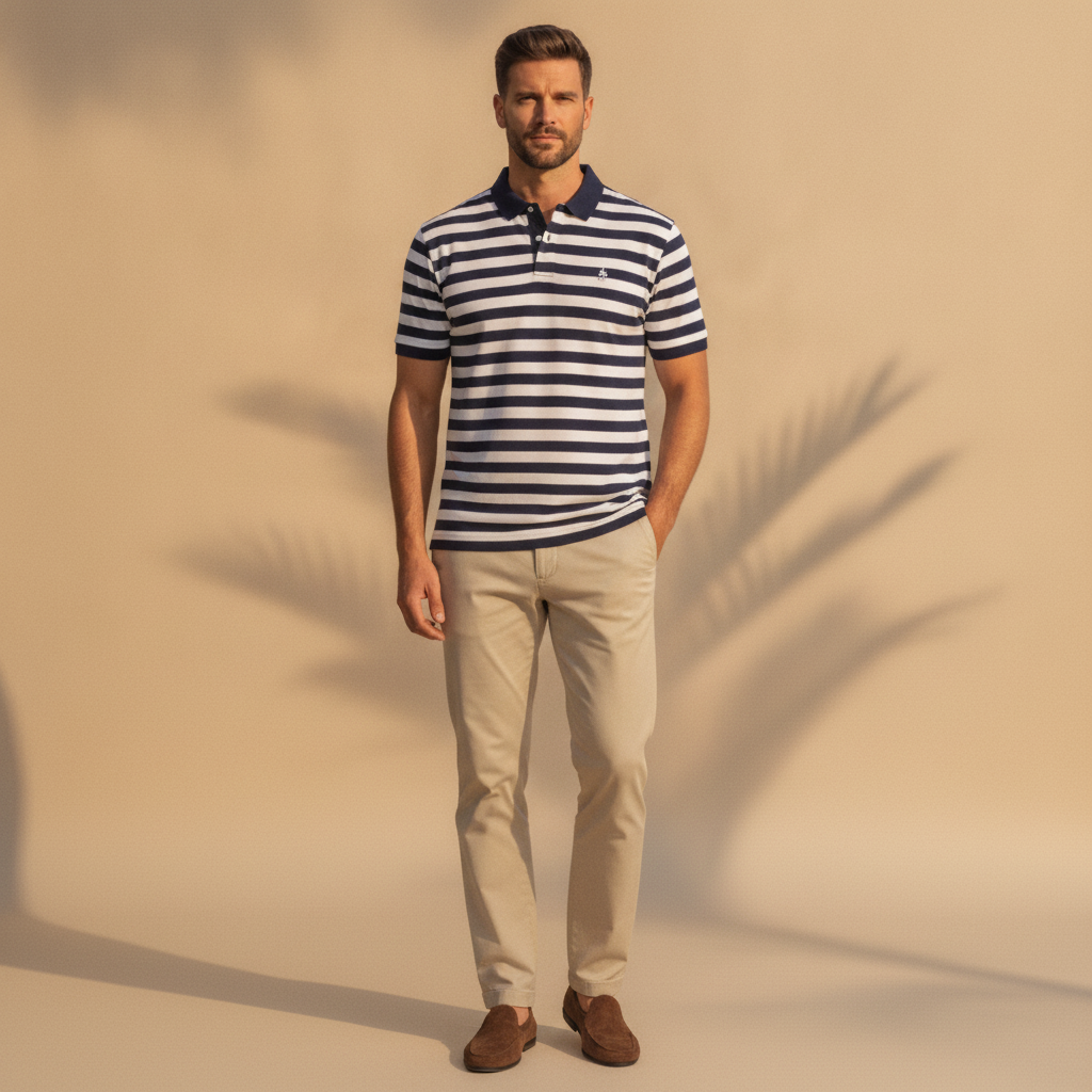 Polo Uomo a Righe Marinière – Stile Nautico Mediterraneo - Navy e Bianco - indossato