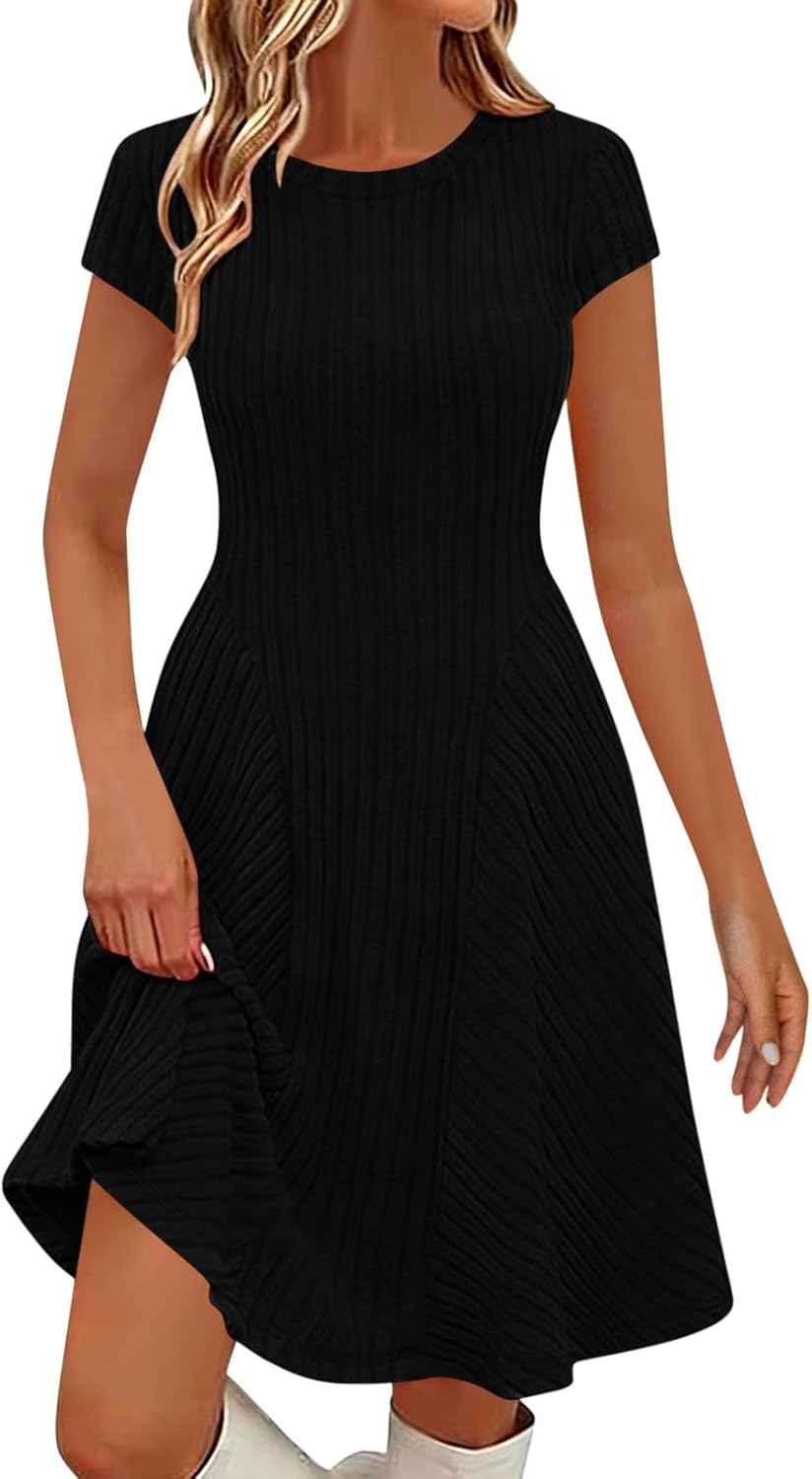 Vestito Emma Donna – Vestito Midi in Maglia Coste Girocollo Maniche Corte Elegante