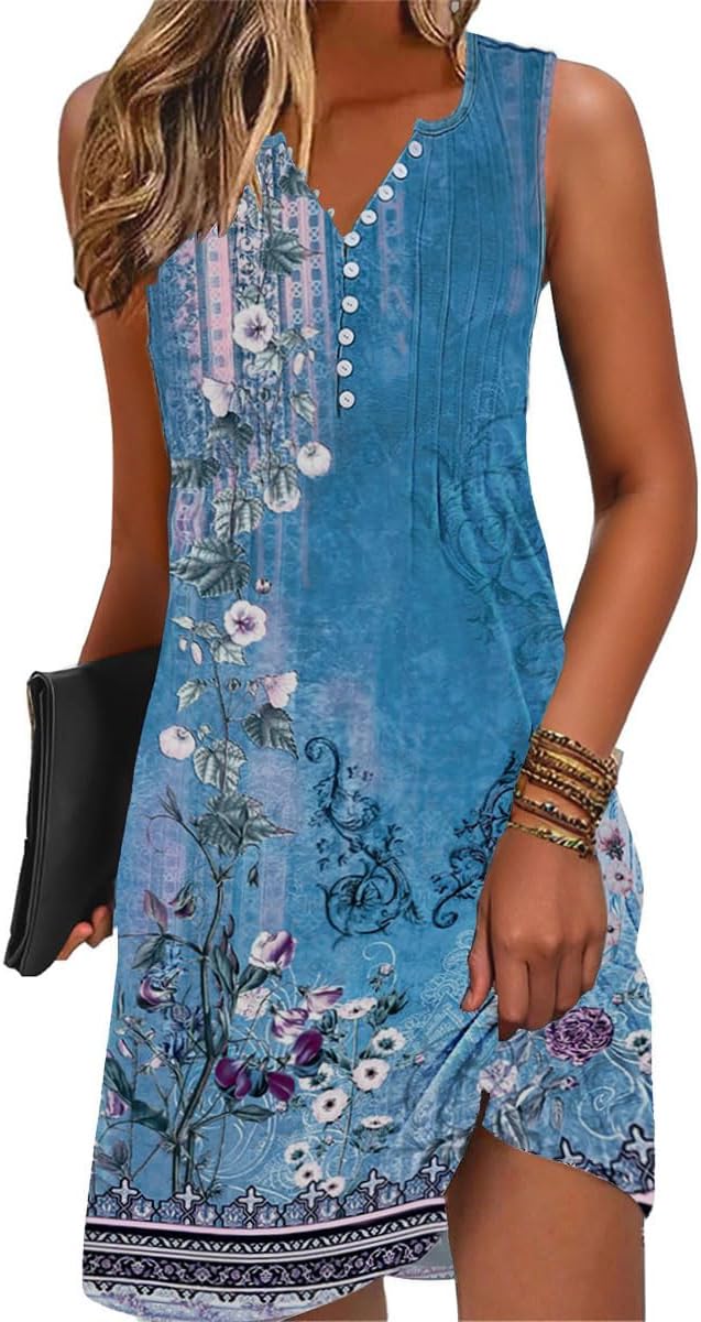 Lucie Abito Donna – Abito Bohemien Fiorito Scollo a V Senza Maniche A-Line Midi Estate
