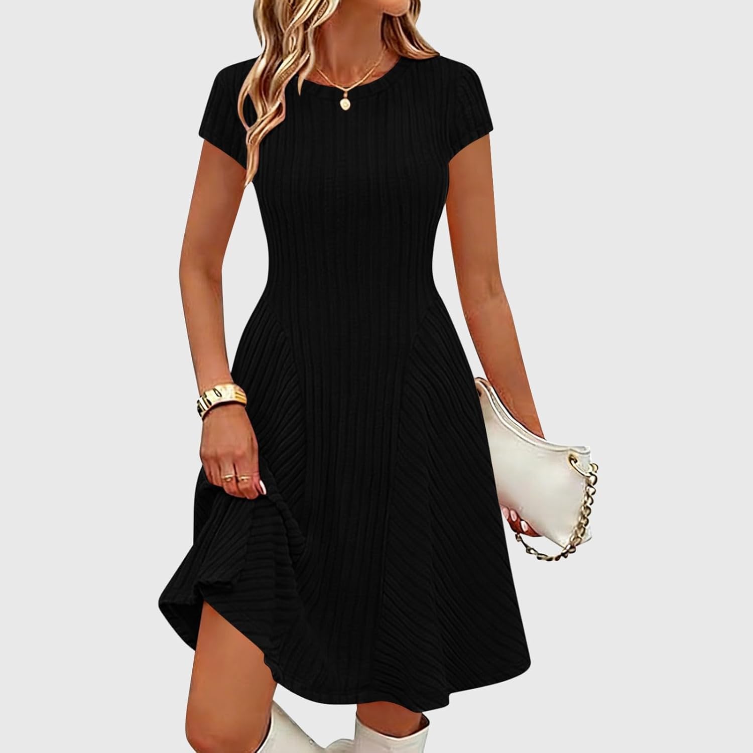 Vestito Emma Donna – Vestito Midi in Maglia Coste Girocollo Maniche Corte Elegante
