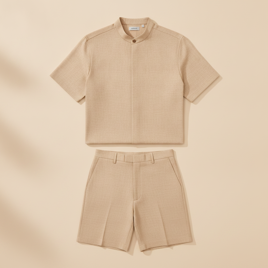 Completo Coordinato Uomo Camicia Fresco Lana Estivo e Pantaloncini - Beige