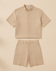 Completo Coordinato Uomo Camicia Fresco Lana Estivo e Pantaloncini - Beige