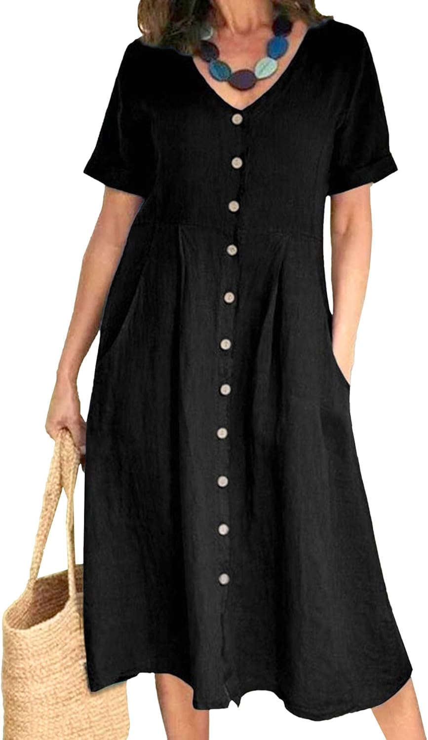 Vestito lungo da donna Glaiza in lino – Scollo a V, con bottoni, maniche corte, taglia grande, estate