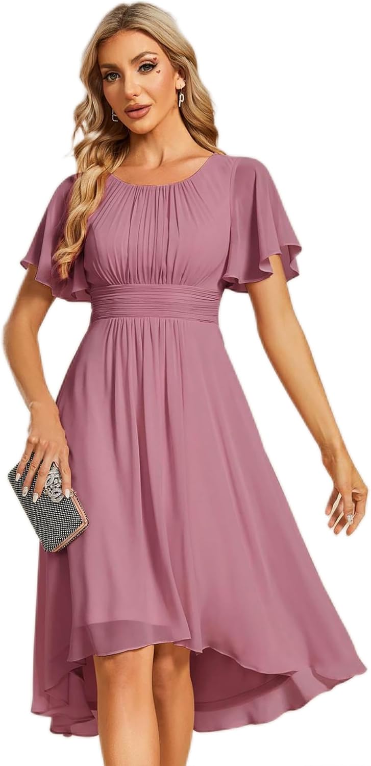 Sophie Abito Donna Midi – Abito in Mussola con Collo Tondo e Vita Plissettata Elegante per Matrimonio