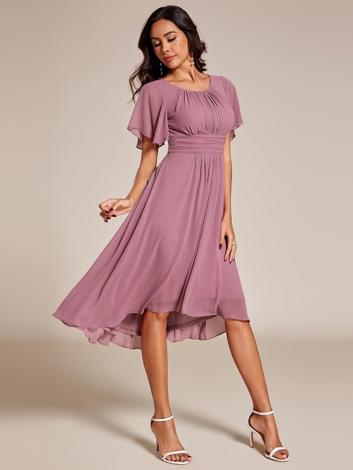 Sophie Abito Donna Midi – Abito in Mussola con Collo Tondo e Vita Plissettata Elegante per Matrimonio