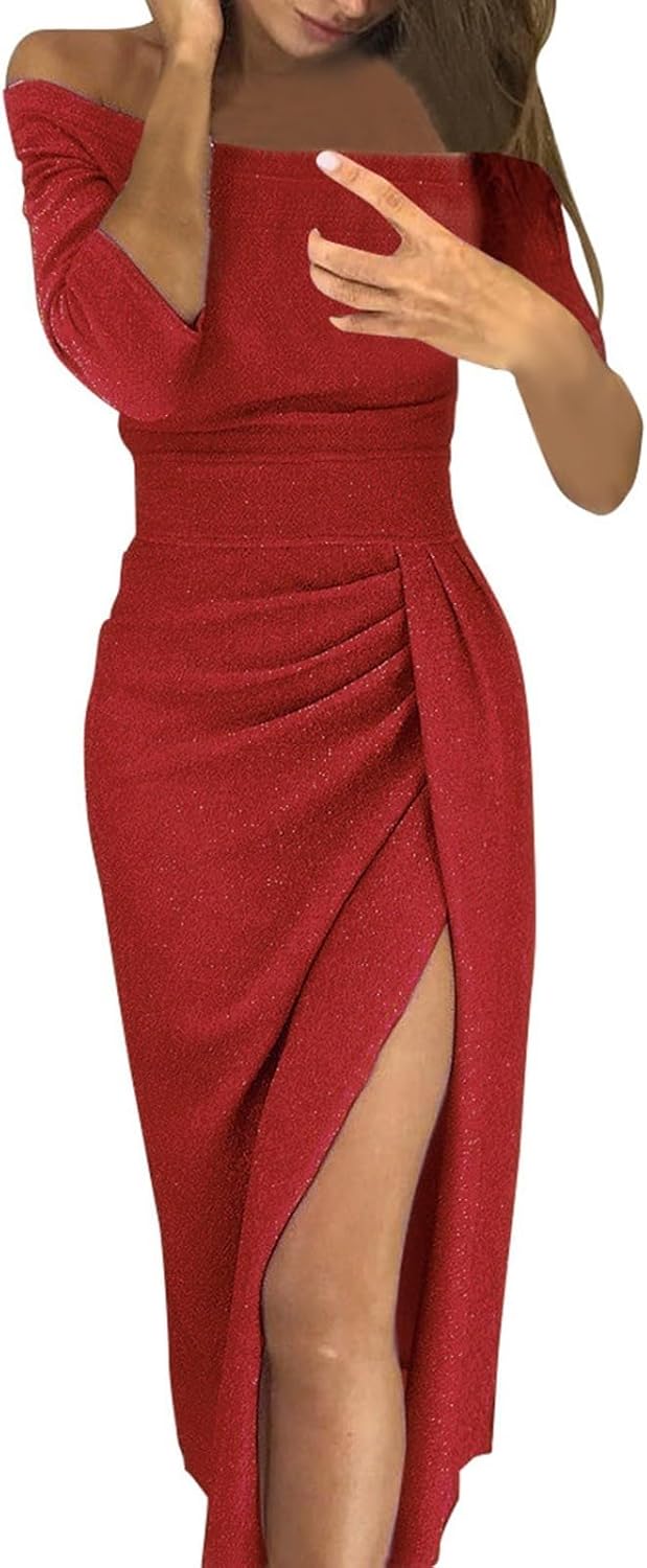 Mia Abito Donna – Abito Mini Spalla Scoperta Spacco Bodycon Brillante Serata