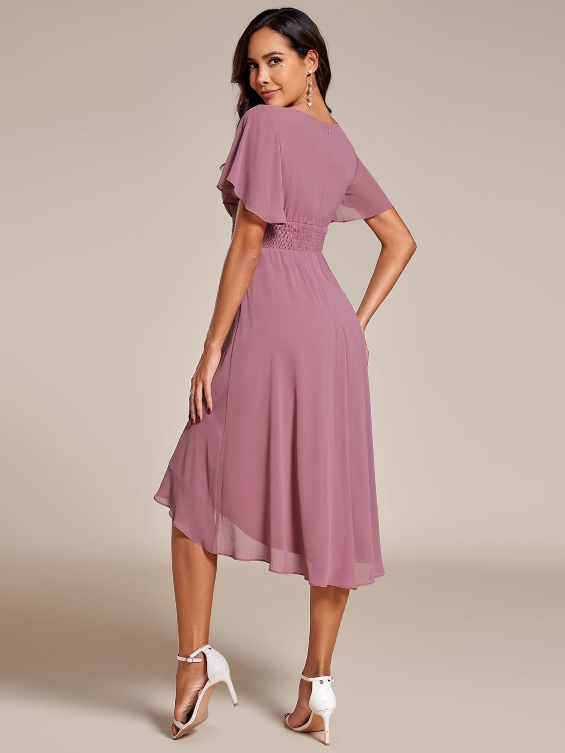 Sophie Abito Donna Midi – Abito in Mussola con Collo Tondo e Vita Plissettata Elegante per Matrimonio