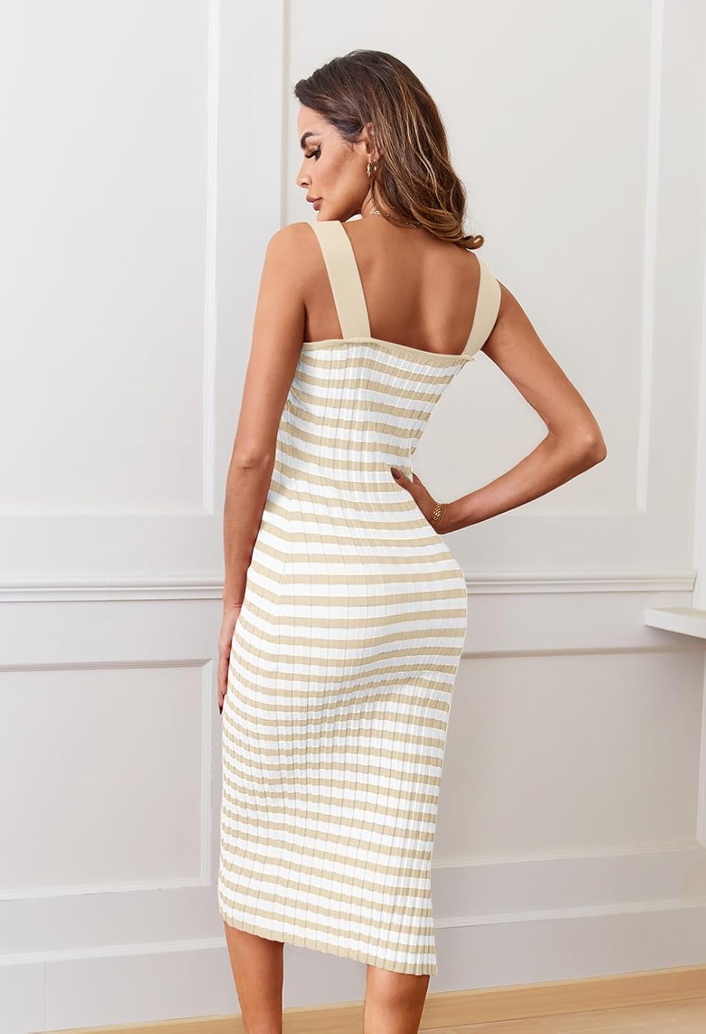 Vestito Midi Emma Donna – Vestito Attillato in Maglia Coste Collo Quadrato Spacco Estivo Chic