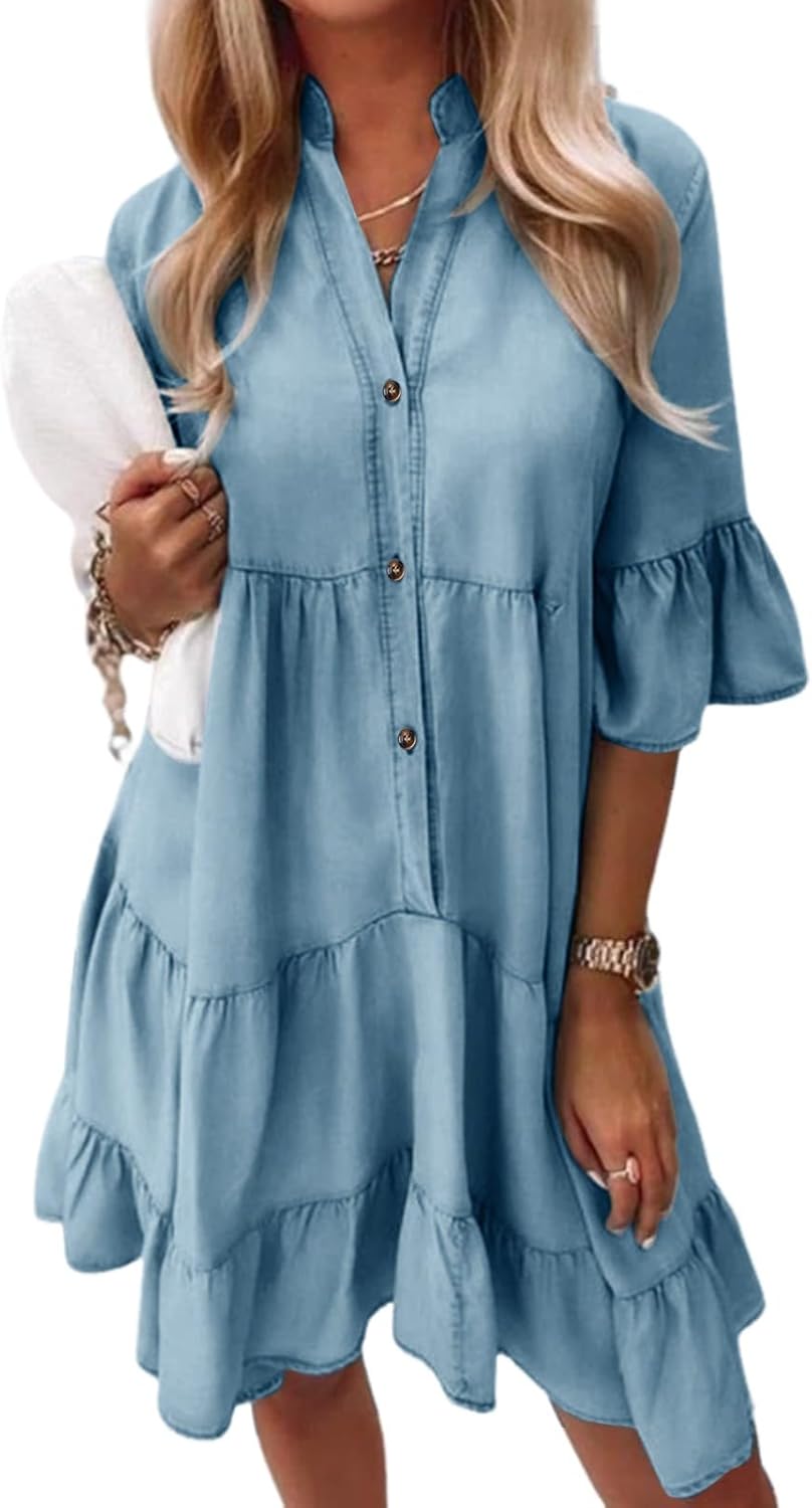Sophie Vestito Camicia Bohemien Donna – Vestito Corto Fluido con Scollo a V e Maniche Corte
