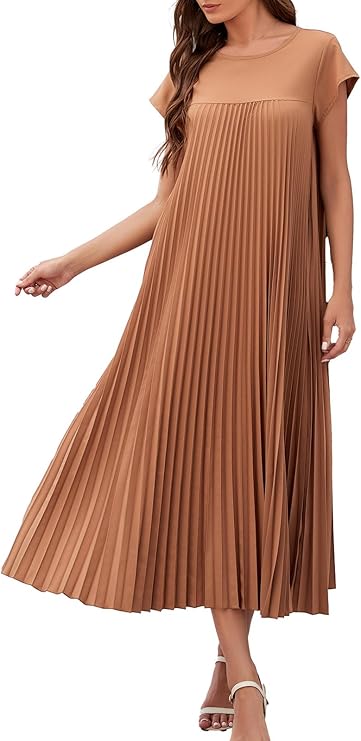 Vestaglia Lunga Donna Ginny – Plissettata, Collo Tondo &amp; Tasche, Taglio Fluido, Estate Elegante