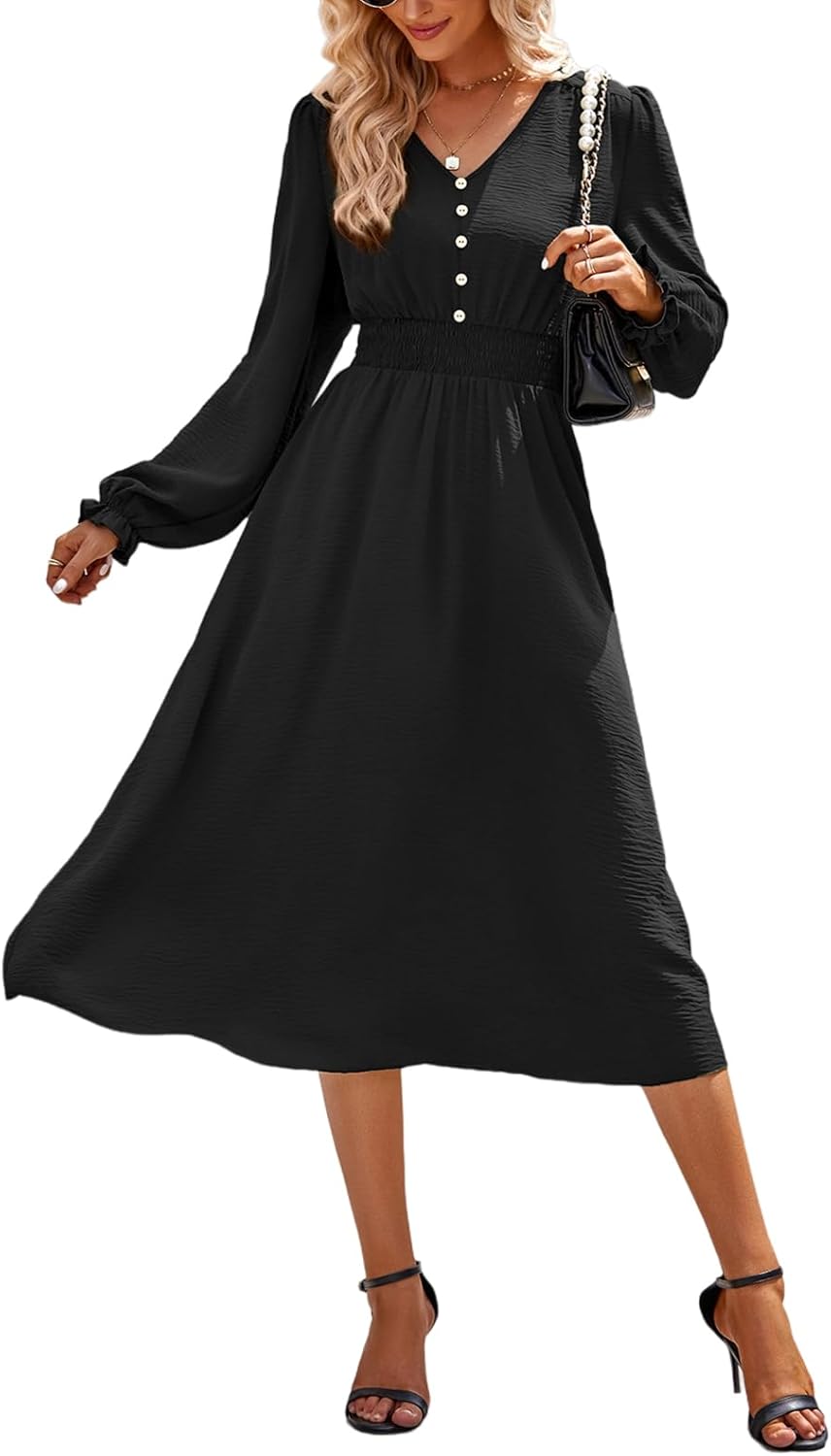 Vestito Emma Donna Midi – Vestito Scollo a V Maniche Lunghe Vita Alta A-Line Elegante