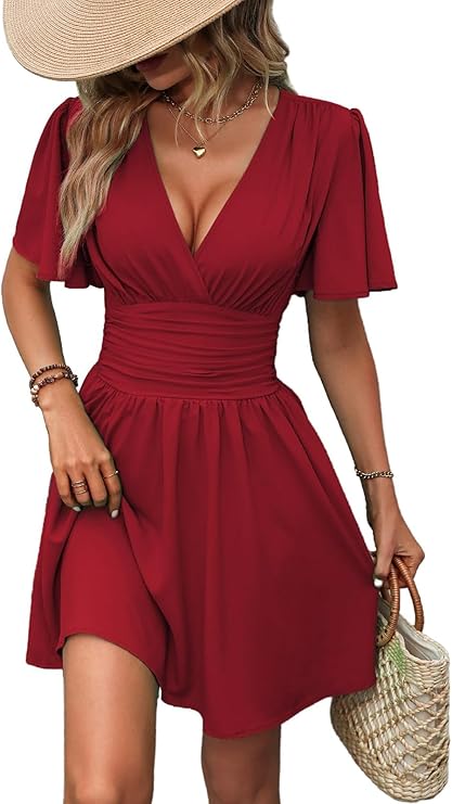 Abito da Donna Gala – Scollo a V, Maniche a Farfalla & Taglio A-Line con Vita Elastico Estate